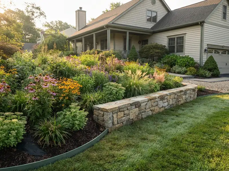 New stone retaining wall and landscaping New stone retaining wall and landscaping